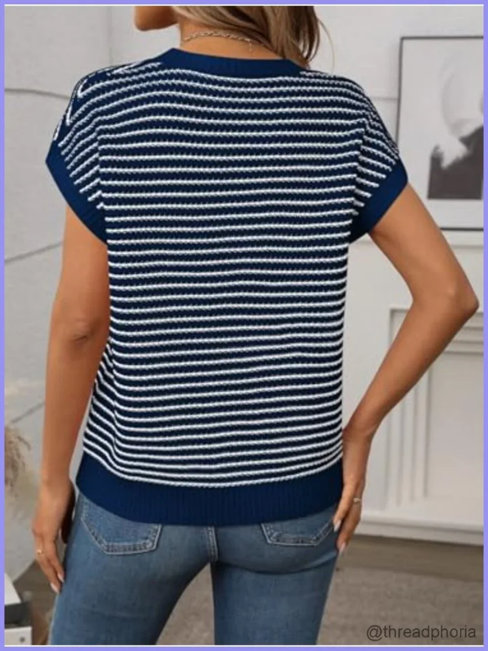 Women's Striped Short Sleeve Knit Pullover Sweater Crewneck Summer Top